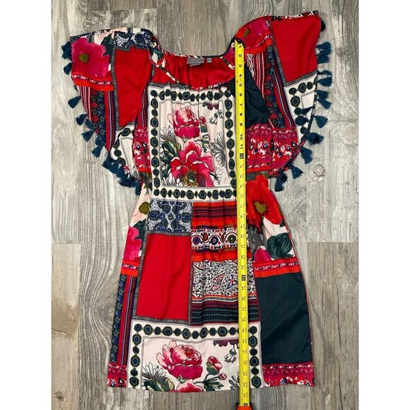 Anthropologie Vanessa Virginia Persian Rose Tassle Boho Dress XS Patchwork Red - Picture 7 of 8